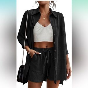 Black Linen Button-Up Shirt and Shorts Set